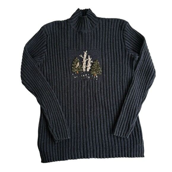 Vtg Christopher & Bank Hand Embroidered Mock Neck Rib Sweater Pine Trees Xmas XL - Picture 1 of 6